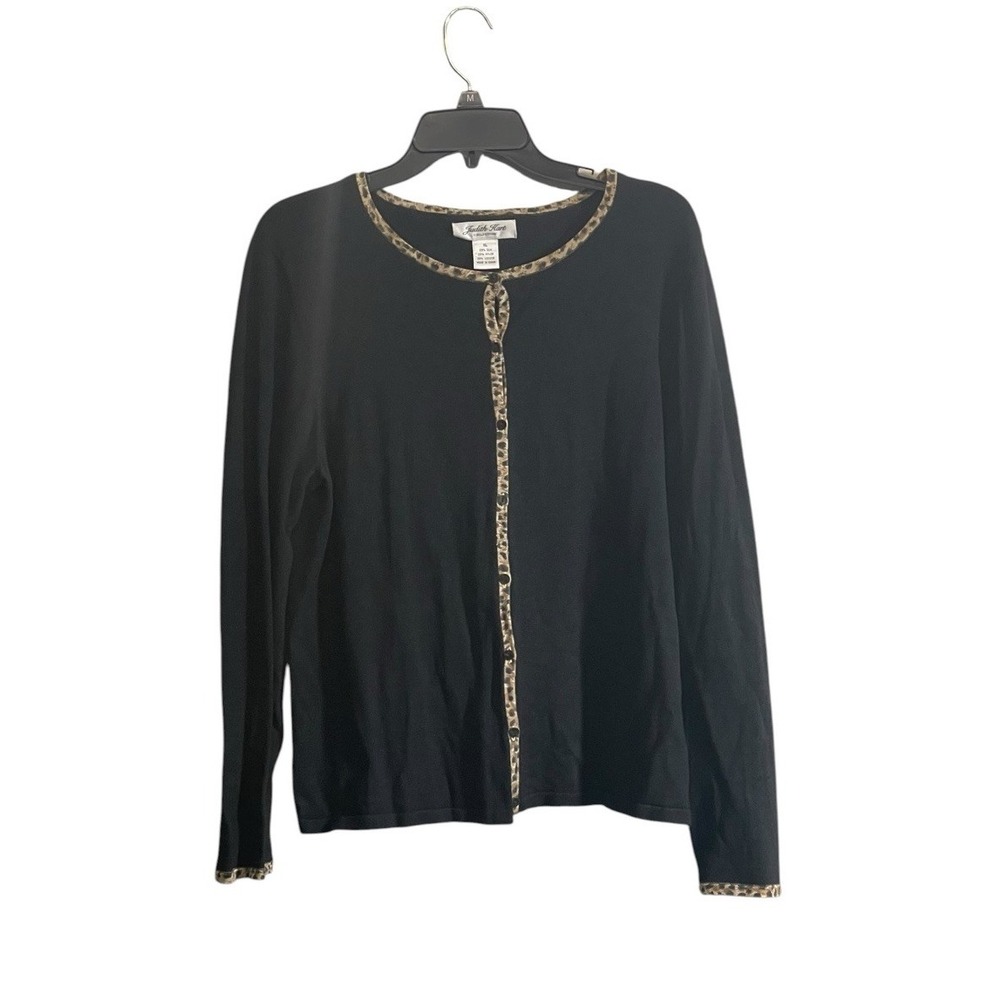 Judith Hart XL Cardigan Sweater Button Silk Blend Black w/ leopard Trim